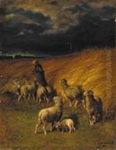A Sheperdess With Her Flock Before A Storm by Charles Ferdinand Ceramano