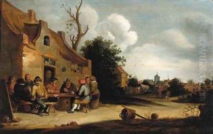 Peasants smoking and drinking outside an inn, a village in the distance