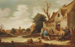 Boors smoking and drinking outside an inn, a village in the distance