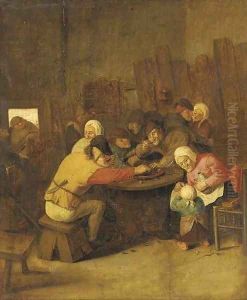 Peasants eating mussels and drinking in a tavern by Pieter de Bloot