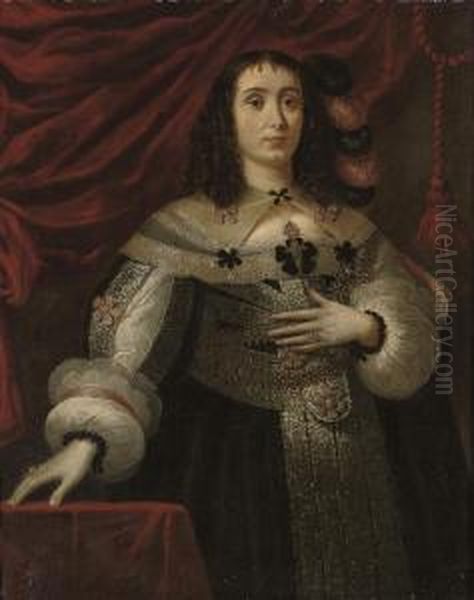 Portrait Of A Lady,
Three-quarter-length, In A Black Dress With Silver Embroidery, Slashed
Sleeves, And Black And Pink Bows, Ostrich Plumes In Her Hair, By A
Draped Table - view 1