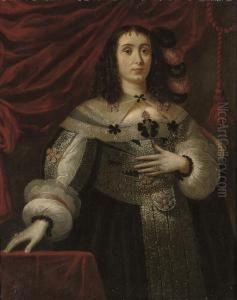 Portrait Of A Lady, 
Three-quarter-length, In A Black Dress With Silver Embroidery, Slashed 
Sleeves, And Black And Pink Bows, Ostrich Plumes In Her Hair, By A 
Draped Table