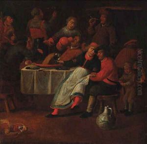 Peasants merrymaking in an inn by Pieter de Bloot