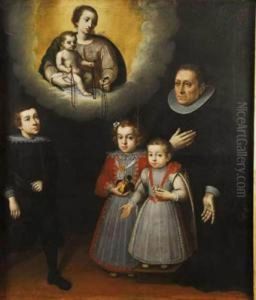 Virgen Con El Nino Entregando Rosarios A Tres Infantes Con Su Aya