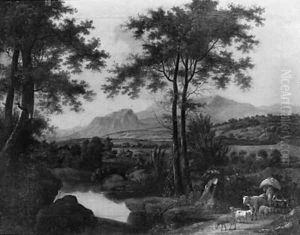 A herdsman on a track by a pond in an Italianate landscape, at sunset A herdsman on a track by a pond in an Italianate landscape, at sunset