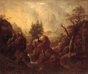 A mountainous landscape with stags by a stream, a shepherd beyond
