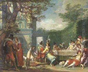 A merry company feasting in an elegant garden by Willem Buytewech