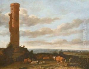 A shepherd with cattle and sheep by a tower in a panoramic landscape