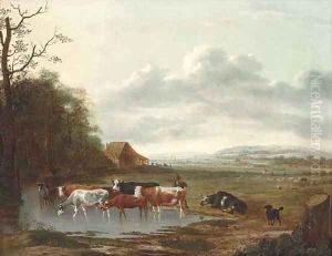 An extensive landscape with a herdsman and cattle by Anthonie Van Borssom