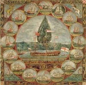 Compass rose with shipping sketches by Ashley Bowen