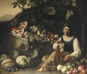 A Girl Holding A Bunch Of 
Grapes, With A Melon, Squashes, Plums Andother Fruit, In A Landscape