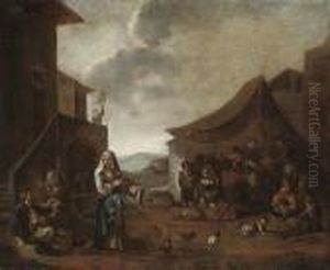 Peasants In A Village Square by Michelangelo Cerqouzzi