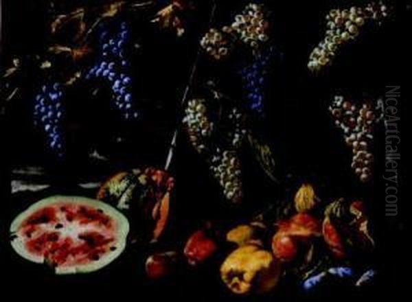 Natura Morta Di Frutta Con Tralci Di Vite, Anguria, Zucca, Mele,
Melograne E Susine - view 1