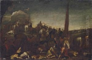 The Aftermath Of A Battle, With Soldiers Raising An Injured King In The Foreground The Aftermath Of A Battle, With Soldiers Raising An Injured King In The Foreground