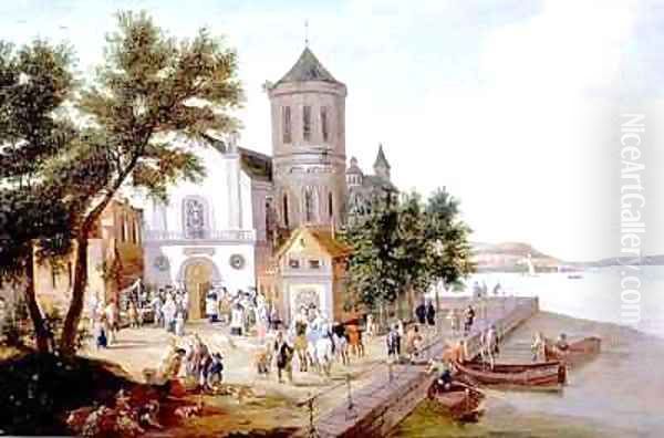 Coastal landscape with figures in a church square - view 1