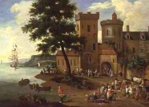 Fisherfolk unloading their catch, and gentlemen departing from a manor house by Boudewyns