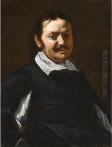 Portrait Of A Man, Half Length, Wearing Black With A White Ruff by Michelangelo Cerqouzzi
