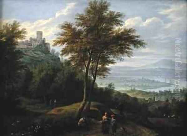 River valley landscape with travellers and fishermen - view 1