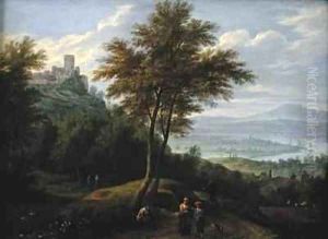 River valley landscape with travellers and fishermen by Boudewyns