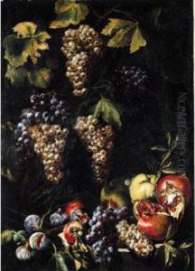 Still Life With Bunches Of Grapes On A Vine, An Open Pomegranate, Apples And Figs