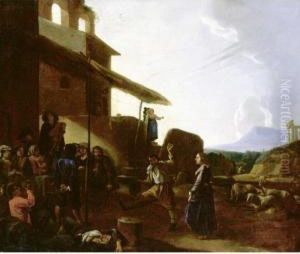 Roman Street Scene With Figures Dancing And Drinking Outside A Tavern