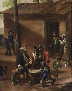 Soldiers Playing Dice On A Drum In Front Of A Barn by Michelangelo Cerqouzzi
