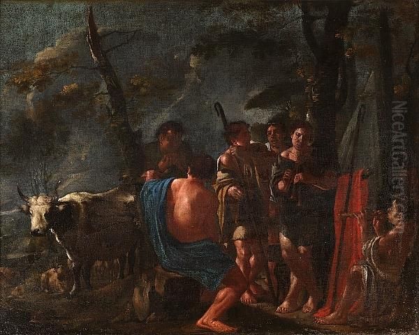 Shepherds Resting And Making Music With A Cow And Sheep In A Landscape - view 1