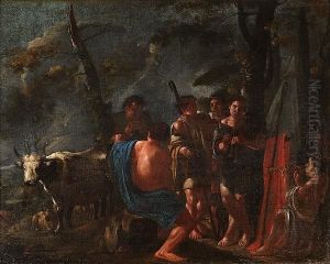 Shepherds Resting And Making Music With A Cow And Sheep In A Landscape