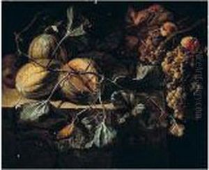Still Life Of Melons With Apples And Grapes Arranged Upon A Stone Ledge by Michelangelo Cerqouzzi