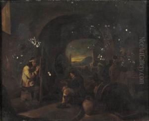 A Painter At Work In A Grotto With Shepherds And Travellers Nearby by Michelangelo Cerqouzzi