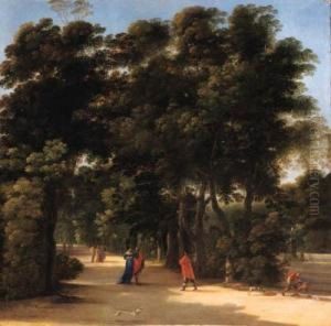 A Park Landscape With Elegant Figures Conversing