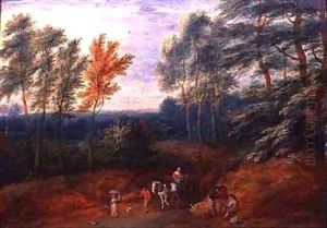 A Wooded Landscape with Travellers in a Haycart by Boudewyns