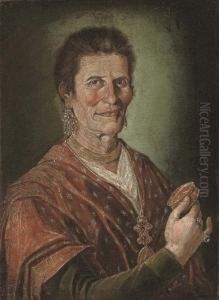 Portrait Of A Lady, Half-length,
In A Red Shawl, An Enamelled Box In Her Right Hand; And Portrait Of A
Man, Half-length, In A Blue Coat, A Ring In His Left Hand by Giacomo Ceruti (Il Pitocchetto)