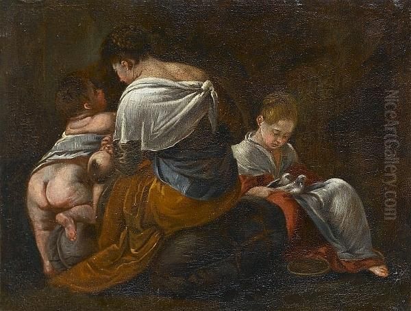 A Young Woman Seated With Her
Baby And A Small Child, A Young Girl Holding Two Doves Beyond - view 1