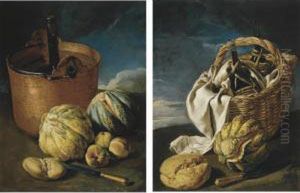 Still Life With A Melon, Knife,
Bread, And A Basket With Two Wicker Covered Flasks Of Wine Wrapped In A
White Cloth, All In A Stormy Landscape; Still Life Of Melons, Peaches, A
Knife, Bread And A Copper Cooler With A Bottle Of Wine, All In A Stormy
by Giacomo Ceruti (Il Pitocchetto)
