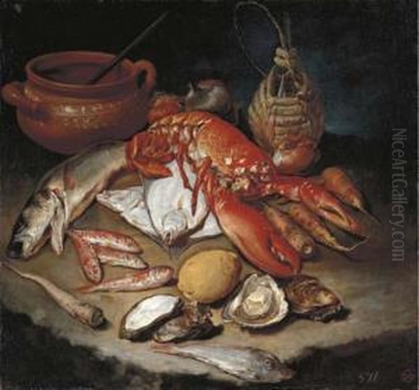 A Lobster, Herring, Turbot, 
Skate, Red Mullets And Oysters With Turnips, Onions, A Lemon, An 
Earthenware Pot And A Wicker And Glass Bottle On A Stone Ledge - view 1