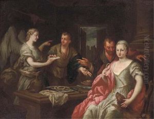 An Angel Appearing As A Messenger To A Family In An Interior by Giacomo Ceruti (Il Pitocchetto)