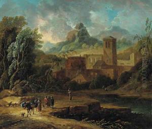 An Italianate landscape with travellers and a packmule on a river bank