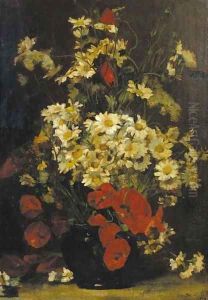 A still life with poppies and daisies by Denis Pierre Bergeret