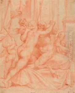 Nymph With Putto And Three Satyrs, One Playing A Reed Pipe. by Giuseppe Cesari