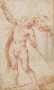 Etude D'homme Nu Debout Tenant Un Baton Dans Les Mains by Giuseppe Cesari
