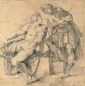 A Seated Nude Youth Turning Addressed By A Soldier by Giuseppe Cesari