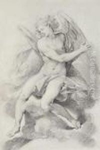 Study Of An Angel Seated On Clouds, Praying And Looking Down To Its Right
