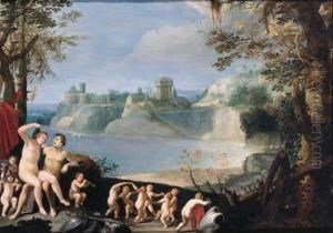 Mars And Venus In A River Landscape by Giuseppe Cesari