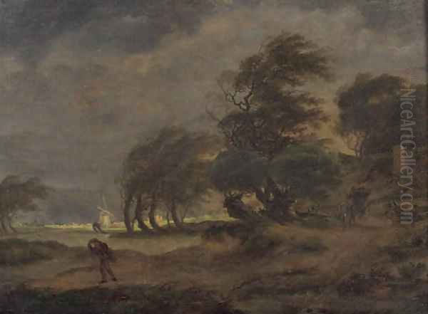 Peasants in a horse-drawn wagon on a country road with a traveller nearby, a windmill beyond, in a stormy landscape - view 1