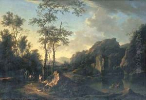 A wooded river landscape with travellers and peasants on a path and fishermen on the bank