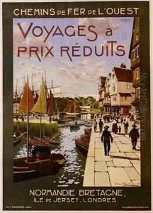 Poster advertising French rail routes to Normandy, Brittany, Jersey and London