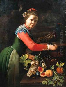 A young woman with a pheasant perched on her hand by Bernhard Keil, Monsu Bernardo