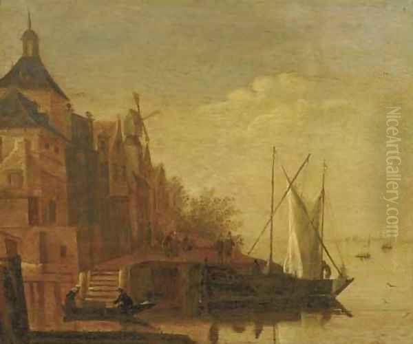 A river landscape with boats moored at a townside - view 1