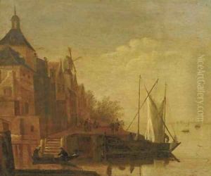 A river landscape with boats moored at a townside by Jacob Adriaensz. Bellevois